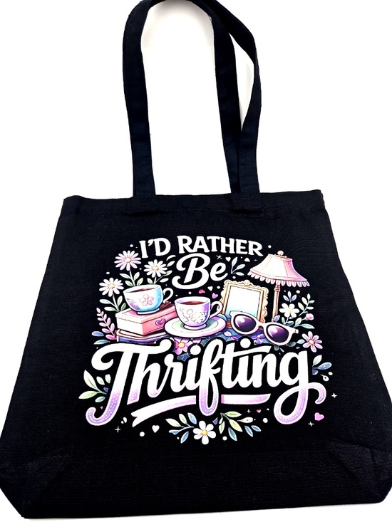Handmade Handbags - Tote Bag Graphic Canvas Id Rather Be Thrifting Black Carry Handle 13.5x13.5in